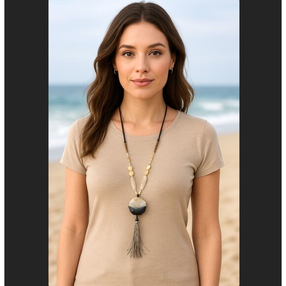 J. Jill Agate Faceted Stone Tassel Pendant Long Multi Beaded Necklace Adjustable - Picture 1 of 16